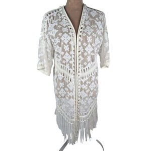 Chicos Sheer White Lace Crochet Coverup Cardigan M Fringe Macrame Boho Beach